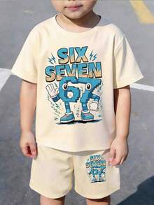 SHEIN 2pcs/Set Young Boys Casual Creative Numeric 67 & Lightning Graphic Print T-Shirt And Shorts Set, Khaki Summer Outfit For Daily Wear - Multicolor - View 6