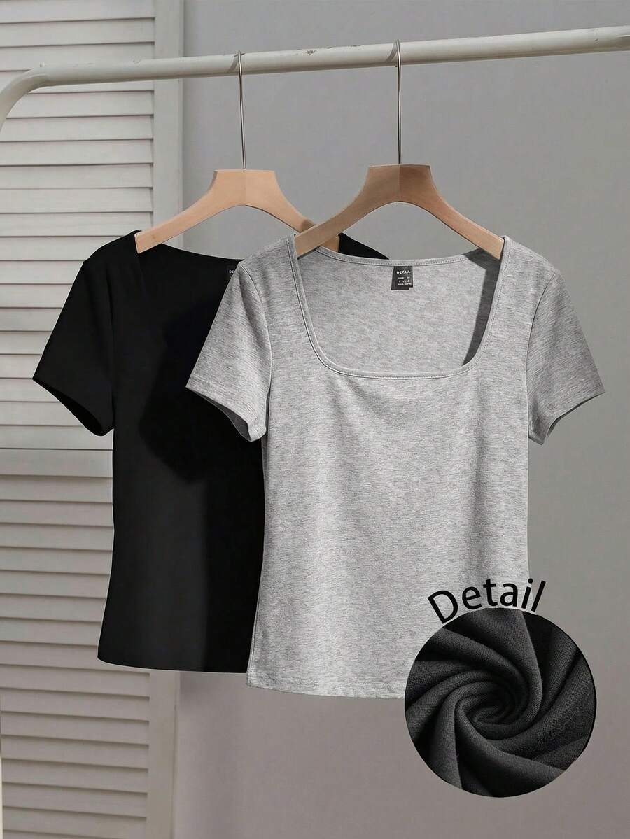 SHEIN EZwear 两件套女士方领短袖休闲修身性感T恤,适合秋冬季街头穿搭,黑色和灰色 - 彩色 - 查看 1