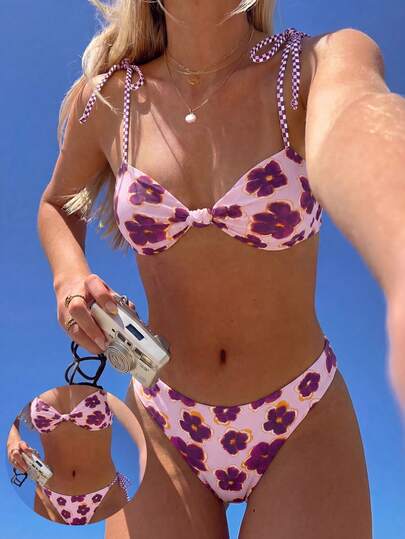 Swim Vcay Ladies' Spring/Summer Beach Music Festival Flower Grid Printed Spaghetti Strap Knot High Cut Thong Sexy Bikini 3 Pieces Set