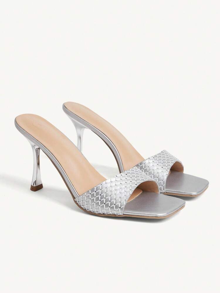 CUCCOO CHICEST Women's High-Heeled Shoes, Silver Woven Diamond-Encrusted Stiletto Sandals, French Elegant Square-Toed Muller Mop, Banquet Dating Daily Versatile Shoes