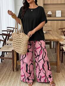 SHEIN CURVE+ Curve 尺码 US22 音乐节、海滨度假、波西米亚风两件套女士度假宽松衬衫和碎花长裤套装 夏季套装 - 彩色 - 查看 3