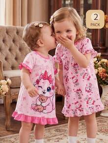 2-Piece Girls Toddler Round Neck Short Sleeve Nightgowns,Cute Rabbit And Bear Print Soft Knit Sleepwear,Fairy,Family Matching,Holiday,Pink Ruffle Hem - Baby Pink - View 8