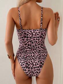 Swim Basics Women's Sexy One-Piece Random Leopard Print Deep V Spaghetti Strap Swimsuit - Multicolor - View 2