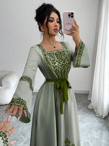 Yasmyna Women's Elegant Square Collar Flare Sleeve Cinched Waist Vintage Dress - Multicolor - View 5