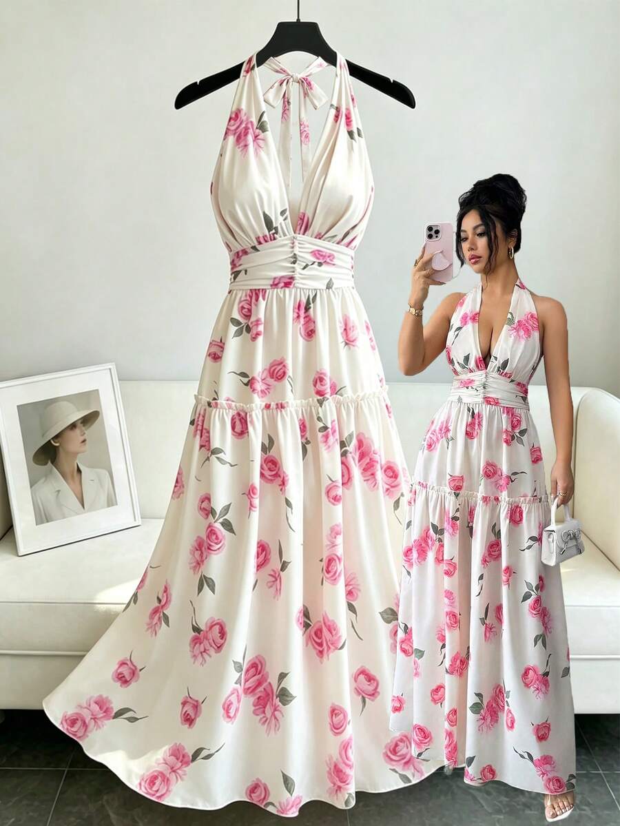 Elenzga Elegant Pink Rose Floral Print Halter Neck Ruched Waist Layered Hem Dress - Multicolor - View 1