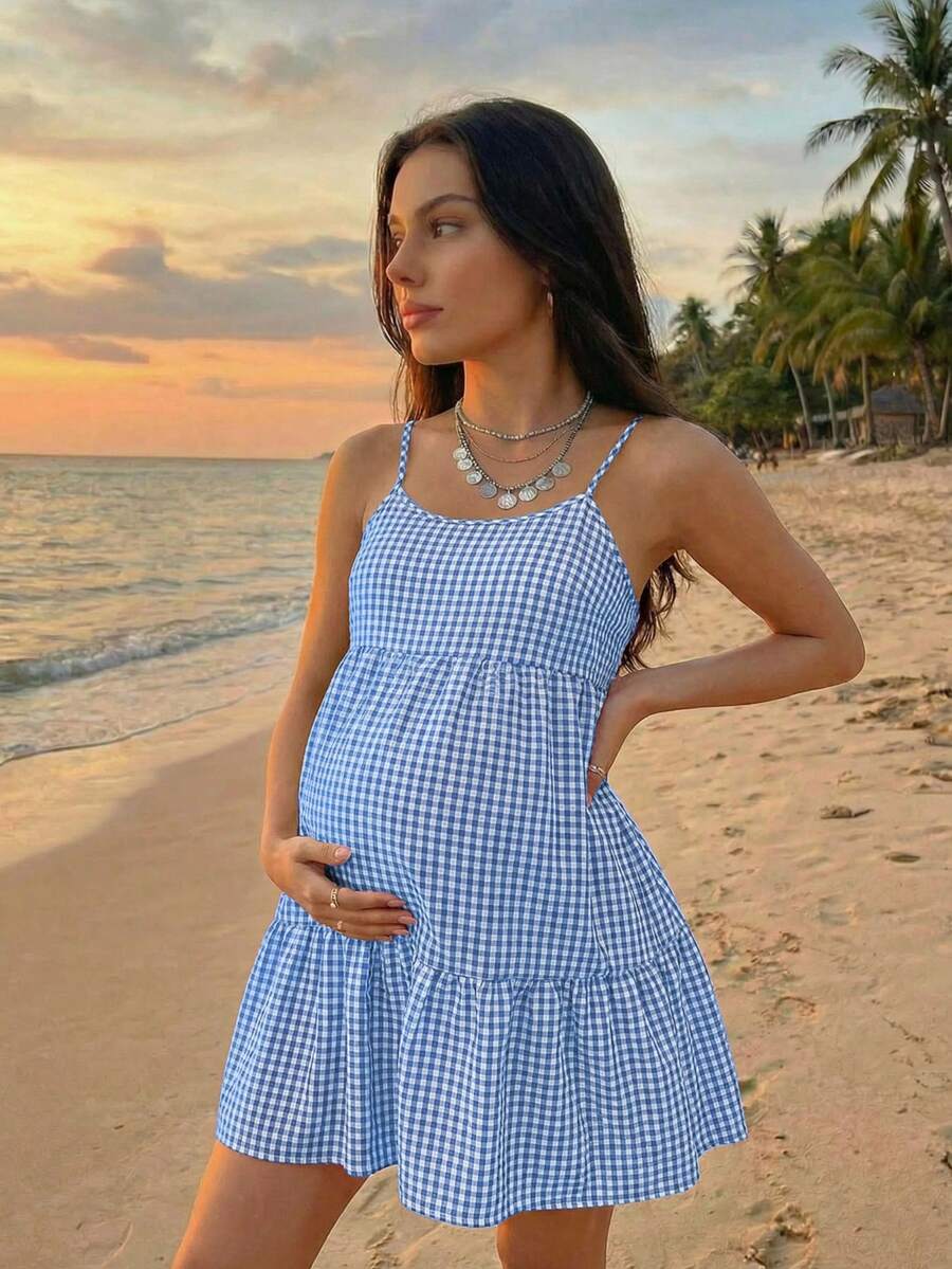 SHEIN 孕妇休闲格子露背吊带连衣裙 - 淺藍色 - 查看 1