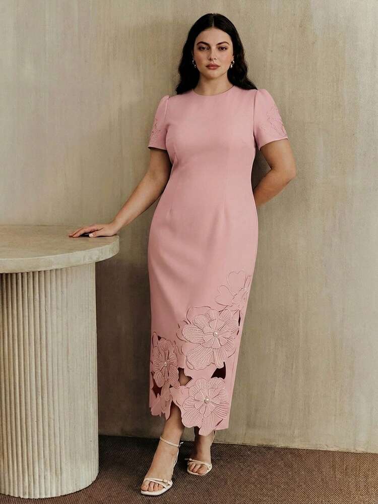 Anewsta New Spring/Summer Plus Size Women Solid Color Straight Waist Short Sleeve Dress, Hollow Embroidery Pearl Decor Long Dress, Suitable For Spring/Summer Occasions, Valentine's Day, Party, Vacation, Work, Wedding Guest Dress, Luxury Dress