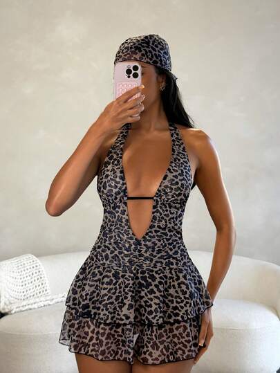 BamGleam Bộ đồ bơi 2 món dành cho nữ kèm áo khoác lưới họa tiết da báo, gợi cảm.