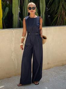 Livesso Bộ jumpsuit denim nữ cổ tròn không tay, xếp ly, có túi, kiểu dáng thường ngày. - Rửa tối - Xem 4