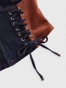 ROMWE Hippie 牛仔拼接麂皮嬉皮音乐节系带手工女式牛仔上衣 - 彩色 - 查看 3