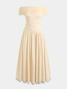 Đầm trễ vai xếp ly, kiểu dáng thanh lịch, thoải mái cho bé gái tuổi teen mùa xuân/hè, màu be, vàng nhạt, đầm công chúa trẻ em. - Màu be - Xem 3