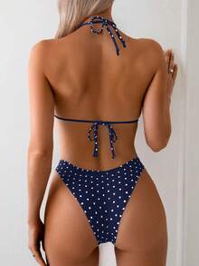 Swim Basics 2 pièces Bikini à deux pièces fendu à imprimé pois pour femmes, tenue de plage décontractée pour vacances - Multicolore - Voir 2