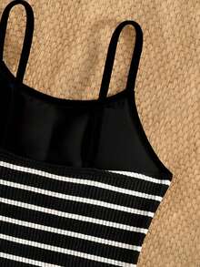 SHEIN Tween Girls Striped Wavy Knit Fabric One-Piece Swimsuit, Suitable For Summer Vacation & Beach - Black and White - View 4