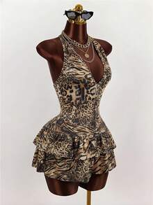 BamGleam Vestido de mujer con cuello halter sexy, volantes y estampado de leopardo - Negro - Ver 4