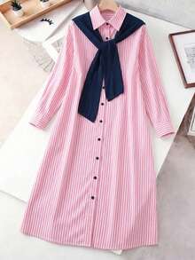 SHEIN Franclia Women's Pink And White Vertical Striped Long Sleeve Shirt Dress,Summer Casual School Back-To-School Patchwork 2 In 1 Button Design,Loose Korean Style - Pink - View 3