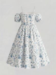 SHEIN Girls' Vacation White And Blue Floral Print Puff Sleeve Mid-Length Dress,French Off-Shoulder Design Summer Casual Party Holiday Retro Floral Dress - White - View 2