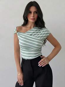 Firerie T-shirt blanc moulant pour femmes avec épaule asymétrique, drapé et taille froncée, modeste et élégant, pour le quotidien, le trajet, la plage, l'aéroport, les vacances, les enseignantes, top d'été - Vert - Voir 9