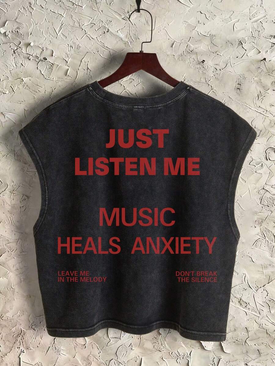Manfinity Roghcode 方形短款街头时尚音乐节红色标语“JUST LISTEN ME”黑色雪花宽松露背背心,适合夏季穿着 - 黑色 - 查看 1