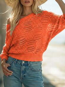 EMERY ROSE New Arrival All Season Loose Fit Crew Neck Raglan Sleeve Ribbed Cuff & Hem Hollow Out Pattern Casual Women Pullover Sweater - Burnt Orange - View 4