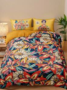Frida Kahlo X SHEIN 3件套Frida全版花卉印花被套，磨毛材质，柔软保暖，多种尺寸可选，适用于单人床/双人床/大号床/特大号床，可机洗 - 彩色 - 查看 5
