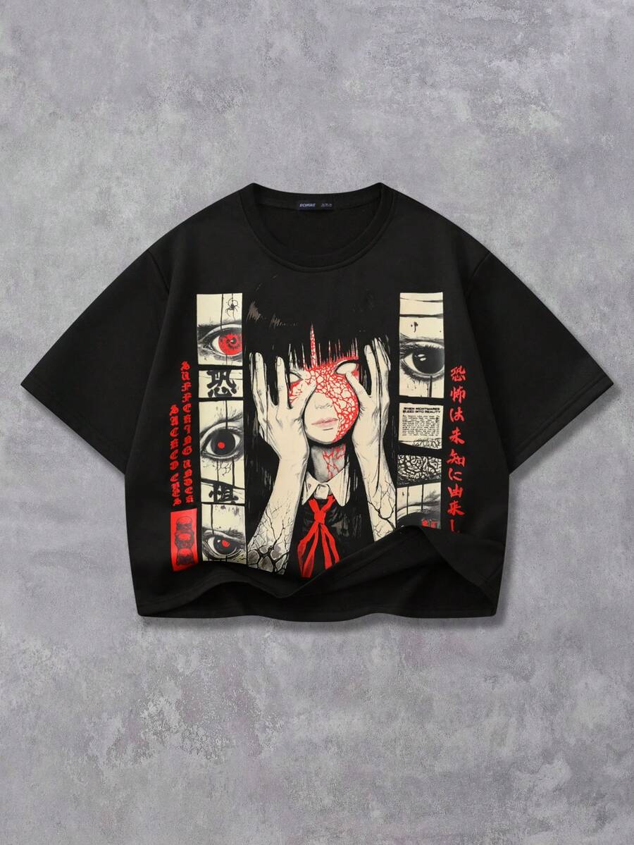 ROMWE MEN Anime Áo thun nam dáng rộng, vai rớt, ngắn, in họa tiết - màu đen - Xem 1