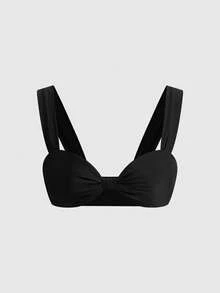 ROMWE Avant Top de bikini elegante y casual de unicolor con tirantes anchos, para vacaciones en la playa en verano, color negro - Negro - Ver 1