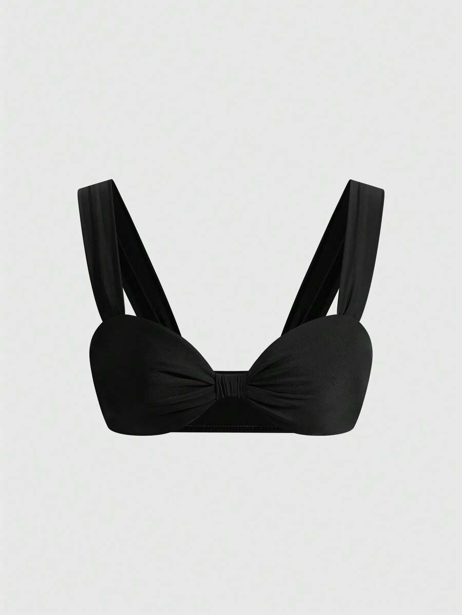 ROMWE Avant Top de bikini elegante y casual de unicolor con tirantes anchos, para vacaciones en la playa en verano, color negro - Negro - Ver 1
