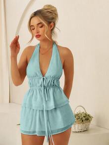 Conjunto de playa sexy de 2 piezas de malla para mujer - Celeste - Ver 4