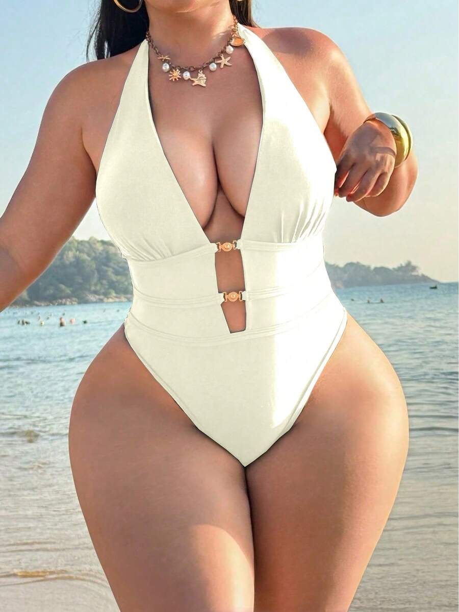 Swim SXY Plus Size Women One-Piece Solid High Cut Halter Party Beach Swimsuit White Summer - Beige - View 1