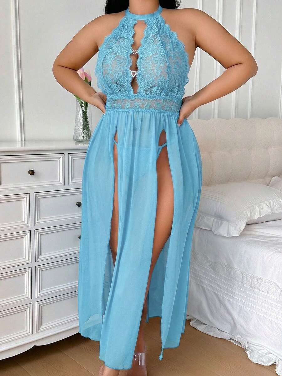 SHEIN 2 piezas Conjunto de lencería sexy inalámbrica con contraste de encaje y malla para tallas grandes - Celeste - Ver 1