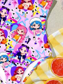 SHEIN 女童休闲连体泳衣，适合夏季穿着，K-POP卡通女孩图案设计（） - 彩色 - 查看 6