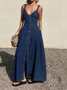 Livesso Đầm denim nữ màu xanh hải quân, dây mảnh, cổ chữ V, thắt eo, chất liệu cotton, kiểu dáng thường ngày, thích hợp cho mùa xuân và hè. - Màu xanh hải quân - Xem 5