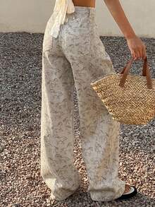 Quần jeans nữ chất liệu cotton, in họa tiết toàn thân, thích hợp cho trang phục đi nghỉ mát mùa xuân và hè. - Màu Khaki - Xem 2