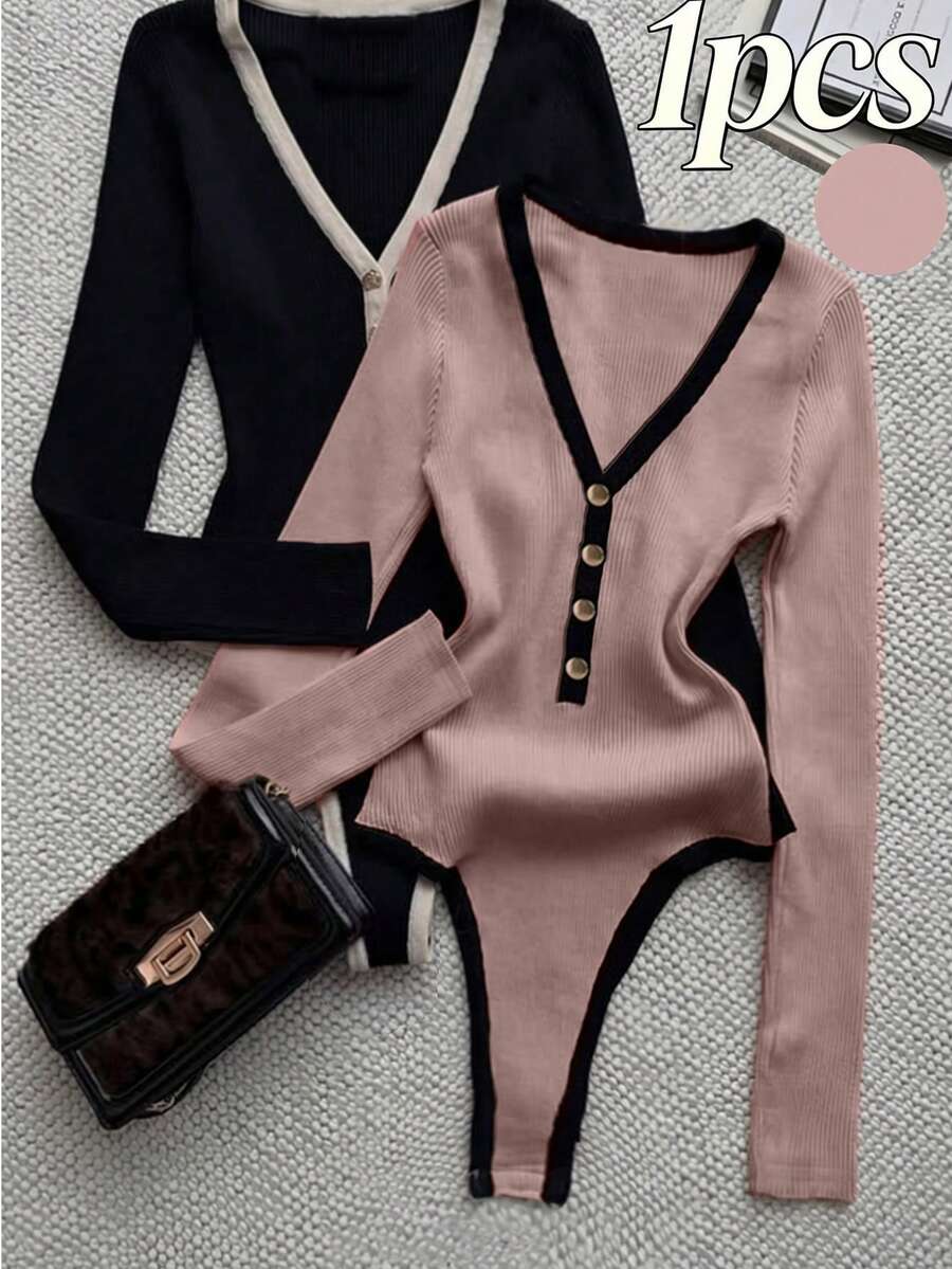INAWLY Women's Casual Versatile Contrast Color Button Long Sleeve Bodysuit - Pink - View 1