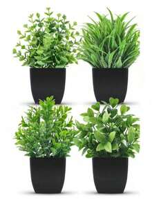 MEHELANY 4件套仿真绿色植物迷你盆栽套装，假花盆，塑料仿植物，黑色花盆，适用于家居、办公室、餐桌、农舍、浴室、庭院、礼品、花园、户外植物、园艺、人造花（1件随机） - 綠色 - 查看 7
