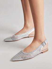 SHUZIA Mules de punta puntiaguda con correa trasera tejida de PU elegantes para damas - Plateado - Ver 2