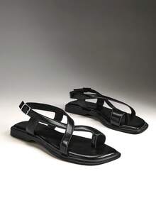 Solezae #BritishChic Women's Slingback Cross-Band Toe-Loop Premium Faux Leather Black Flat Sandals – Refined, Minimal & Comfortable - Black - View 9