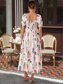 Momance Women's Floral Print Midi Maternity Dress,White,Summer,Baby Shower,Holiday,Square Neck Puff Sleeve Shirred Waist A-Line Casual Pregnancy Photoshoot - Multicolor - View 2