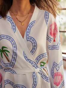 Bohemian Vacation Casual Robe, Hawaii Tropical Print Loose Loungewear Sleepwear For Women - Multicolor - View 6