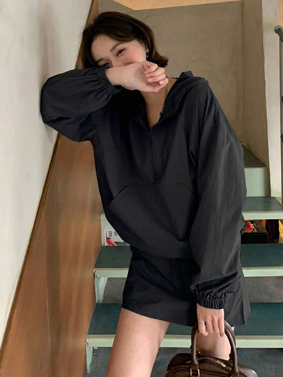 DAZY 2pcs Women's Hooded Long Sleeve Utility Jacket And Skirt Set, Elegant Casual Streetwear Lounge Sets For Women Everyday Black Autumn - Black - View 1