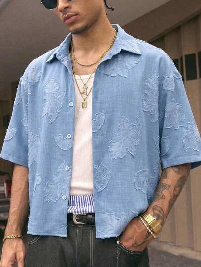 AXEPEAK Men's Loose Casual Short Sleeve Shirt With Front Button And Applique Baby Blue Button Up Men Men S Beach Button Up Dusty Blue Men Shirt Men S Boxy Shirt