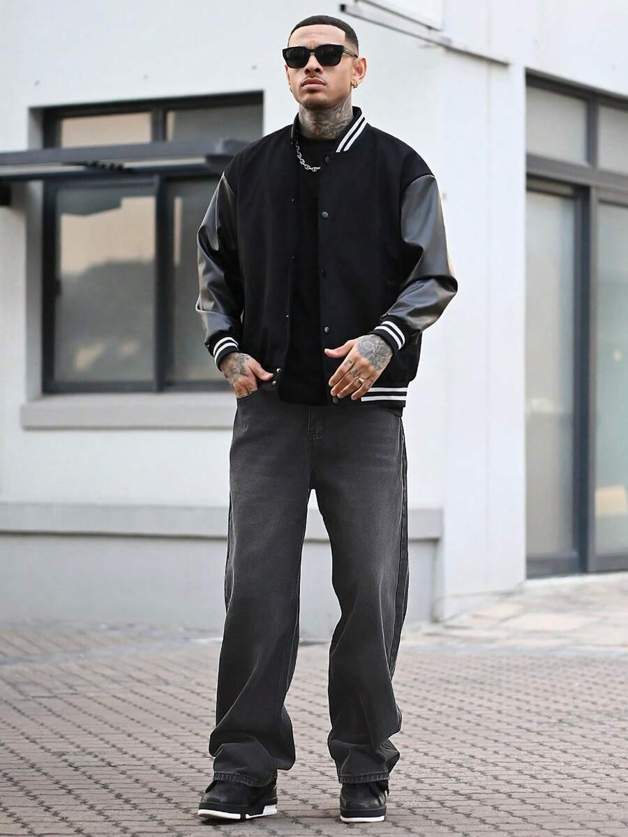 Devon Thys 1件 Justice Brother 男士宽松水洗牛仔休闲阔腿牛仔裤(不含腰带和配饰) - 深灰色 - 查看 1