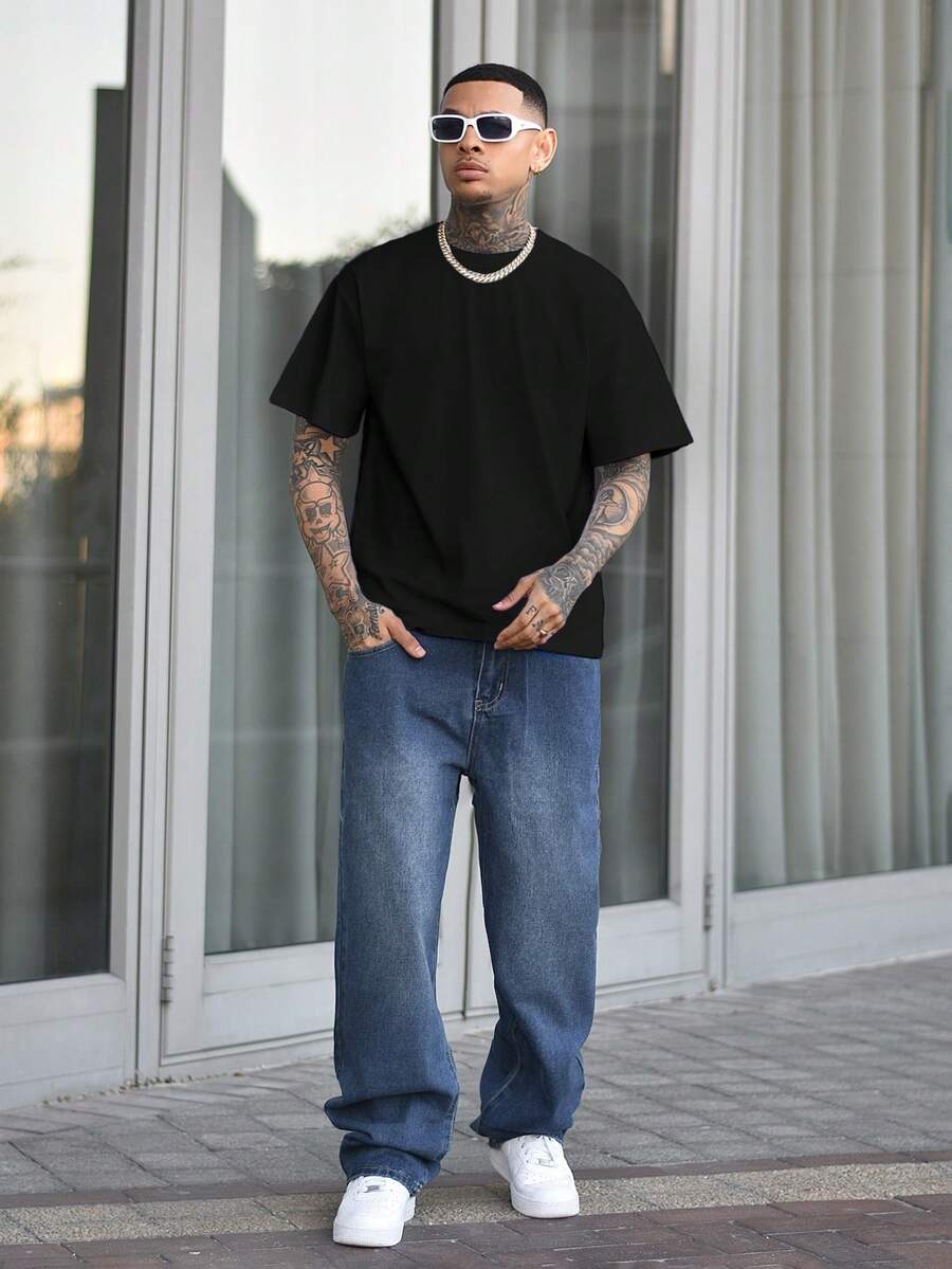 Devon Thys Men's Solid Color Low Elasticity Simple Lightweight Loose Fit Short Sleeve T-Shirt, Versatile For Summer - Black - View 1