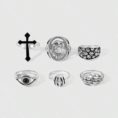 ROMWE Grunge Punk Bộ 6 chiếc nhẫn hình thánh giá đính kim cương phong cách Punk - Món quà độc đáo dành cho các bữa tiệc của phụ nữ.