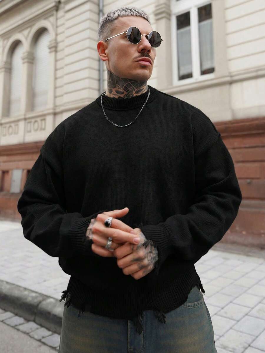 Artur Kramer ANDREILEE 秋冬男女通用街头风极简长袖圆领套头毛衣，宽松舒适针织上衣，饰有流苏和做旧细节 - 黑色 - 查看 1