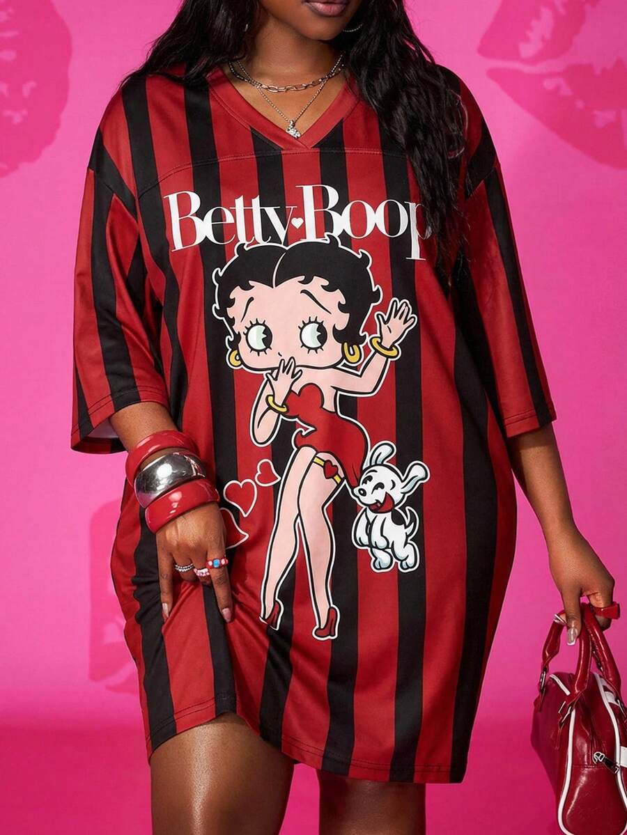 Slaydiva Betty Boop x SHEIN 大码卡通印花宽松连衣裙 - 彩色 - 查看 1
