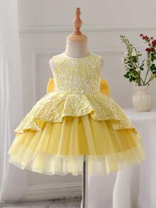 Glamorique Kids 女婴黄色提花面料连衣裙，拖尾裙摆，后背蝴蝶结装饰，适合生日派对、婚礼宾客、节日等场合，女婴公主裙，女婴派对连衣裙，女婴薄纱连衣裙，小女孩连衣裙，黄色婴儿连衣裙 - 黃色 - 查看 5