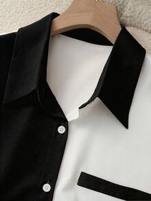 Qadelle Women's Elegant Color Block Short Sleeve Blouse, Summer - Black - View 4