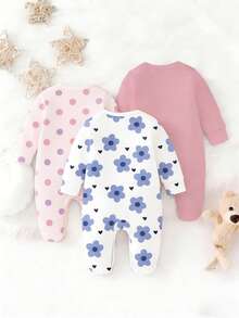 SHEIN 【随机3套，送1套】新生儿连体衣，彩色花卉印花，清新可爱，ins风，多巴胺色调，亲肤柔软舒适，圆领长袖，裆部按扣设计，适合居家、休闲、日常外出，四季皆宜。 - 彩色 - 查看 3