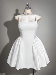 SHEIN ICON 大码女士缎面蝴蝶结系带露背连衣裙 - 白色 - 查看 3